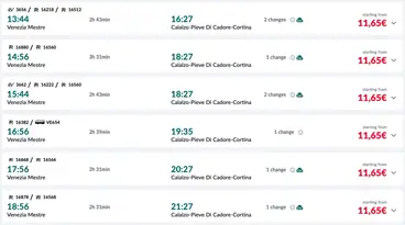 price for a train from Venice to the Dolomites